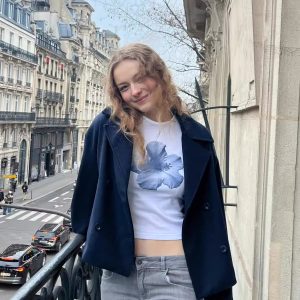 Korean Style Blue Floral Short-Sleeve Fitted Cotton T-Shirt - High-Stretch Sweet Girl Top for Women