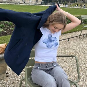 Korean Style Blue Floral Short-Sleeve Fitted Cotton T-Shirt - High-Stretch Sweet Girl Top for Women