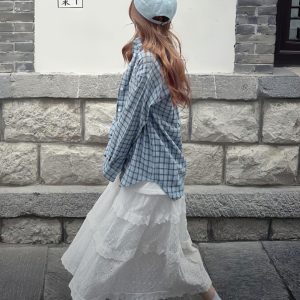 Korean-Style Blue Plaid Shirt Jacket for Women - Loose Casual Long Sleeve Top for Summer Fashion
