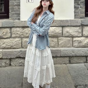 Korean-Style Blue Plaid Shirt Jacket for Women - Loose Casual Long Sleeve Top for Summer Fashion