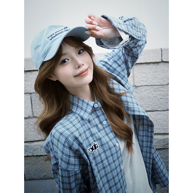 Korean-Style Blue Plaid Shirt Jacket for Women - Loose Casual Long Sleeve Top for Summer Fashion
