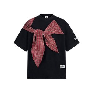 Korean Style Bow Tie Patterned Short Sleeve T-Shirt for Women - Summer 2025 College Fashion Trend