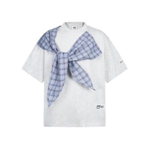 Korean Style Bow Tie Patterned Short Sleeve T-Shirt for Women - Summer 2025 College Fashion Trend