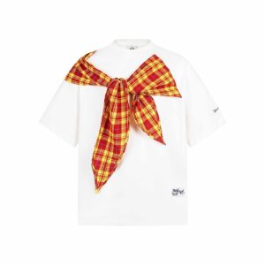 Korean Style Bow Tie Patterned Short Sleeve T-Shirt for Women - Summer 2025 College Fashion Trend