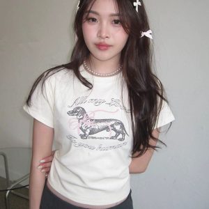 Korean Style Bow Tie Sausage Dog Print Slim Fit Short Sleeve T-Shirt for a Youthful Look