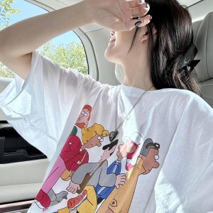 Korean Style Cartoon Character Printed Casual Loose Cotton T-Shirt for Women - Comfortable Round Neck Short Sleeve Top
