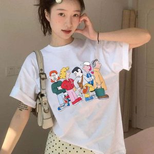 Korean Style Cartoon Character Printed Casual Loose Cotton T-Shirt for Women - Comfortable Round Neck Short Sleeve Top