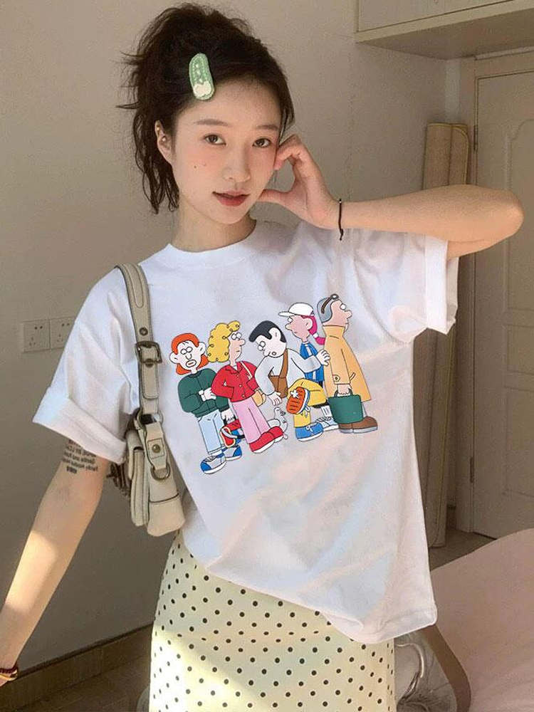 Korean Style Cartoon Character Printed Casual Loose Cotton T-Shirt for Women - Comfortable Round Neck Short Sleeve Top Korean Style Cartoon Character Printed Casual Loose Cotton T-Shirt for Women - Comfortable Round Neck Short Sleeve Top