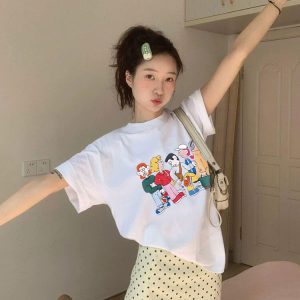 Korean Style Cartoon Character Printed Casual Loose Cotton T-Shirt for Women - Comfortable Round Neck Short Sleeve Top