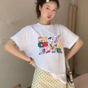 Korean Style Cartoon Character Printed Casual Loose Cotton T-Shirt for Women - Comfortable Round Neck Short Sleeve Top