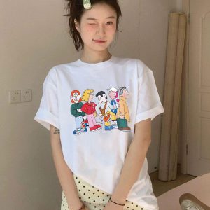 Korean Style Cartoon Character Printed Casual Loose Cotton T-Shirt for Women - Comfortable Round Neck Short Sleeve Top