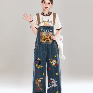 Korean-Style Cartoon Embroidered Denim Overalls for Women - Summer Wide-Leg Age-Reducing Casual Long Pants