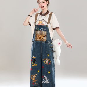 Korean-Style Cartoon Embroidered Denim Overalls for Women - Summer Wide-Leg Age-Reducing Casual Long Pants