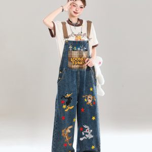 Korean-Style Cartoon Embroidered Denim Overalls for Women - Summer Wide-Leg Age-Reducing Casual Long Pants