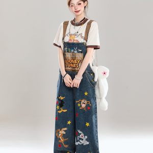Korean-Style Cartoon Embroidered Denim Overalls for Women - Summer Wide-Leg Age-Reducing Casual Long Pants