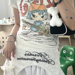 Korean Style Cartoon Print Comic Musician Slim-Fit Short-Sleeved High-Stretch Pure Cotton T-Shirt for Trendy Fashion Lovers