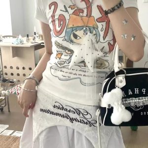 Korean Style Cartoon Print Comic Musician Slim-Fit Short-Sleeved High-Stretch Pure Cotton T-Shirt for Trendy Fashion Lovers