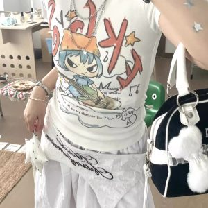 Korean Style Cartoon Print Comic Musician Slim-Fit Short-Sleeved High-Stretch Pure Cotton T-Shirt for Trendy Fashion Lovers