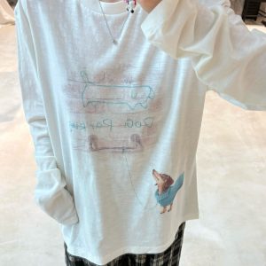 Korean Style Cartoon Print Loose Round Neck Long Sleeve T-Shirt in Soft Bamboo Cotton - Casual & Comfortable Fashion Essential