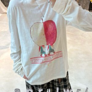Korean Style Cartoon Print Loose Round Neck Long Sleeve T-Shirt in Soft Bamboo Cotton - Casual & Comfortable Fashion Essential