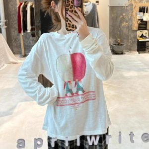 Korean Style Cartoon Print Loose Round Neck Long Sleeve T-Shirt in Soft Bamboo Cotton - Casual & Comfortable Fashion Essential