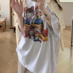 Korean Style Casual Kitty Princess Cartoon Print Loose Cotton Short Sleeve T-Shirt - Versatile Comfort Top