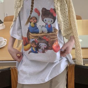Korean Style Casual Kitty Princess Cartoon Print Loose Cotton Short Sleeve T-Shirt - Versatile Comfort Top