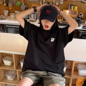 Korean Style Casual Letter Print Short Sleeve T-Shirt for Women - Versatile Loose Fit, Pure Cotton, Minimalist Design