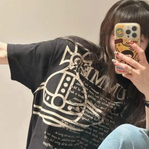 Korean Style Casual Letter Slogan Printed Loose Cotton Round Neck Short Sleeve T-Shirt for Women