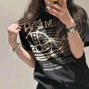 Korean Style Casual Letter Slogan Printed Loose Cotton Round Neck Short Sleeve T-Shirt for Women