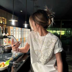 Korean Style Casual Letter Slogan Printed Loose Cotton Round Neck Short Sleeve T-Shirt for Women