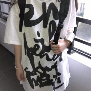 Korean Style Casual Loose Fit Pure Cotton T-Shirt with Graffiti Letter Print and Sun Protection for Women
