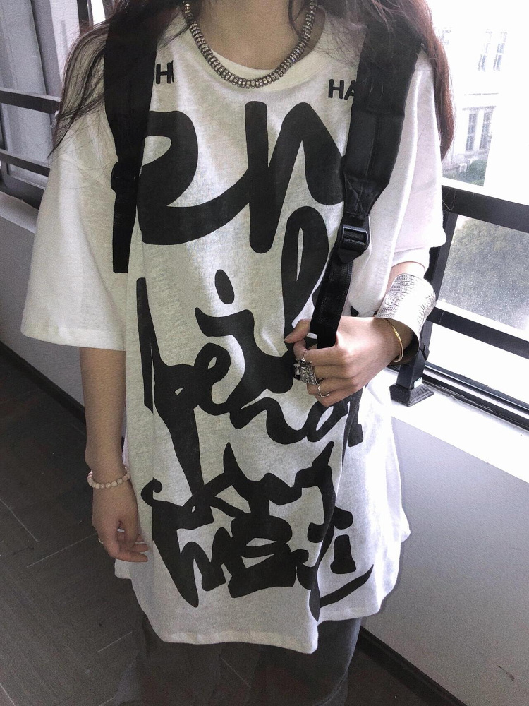 Korean Style Casual Loose Fit Pure Cotton T-Shirt with Graffiti Letter Print and Sun Protection for Women Korean Style Casual Loose Fit Pure Cotton T-Shirt with Graffiti Letter Print and Sun Protection for Women