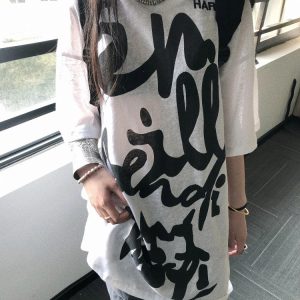 Korean Style Casual Loose Fit Pure Cotton T-Shirt with Graffiti Letter Print and Sun Protection for Women