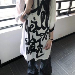 Korean Style Casual Loose Fit Pure Cotton T-Shirt with Graffiti Letter Print and Sun Protection for Women