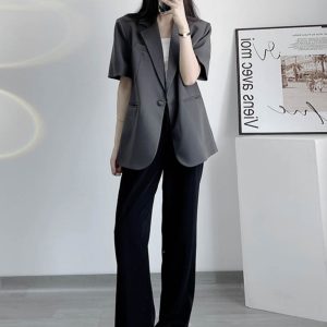 Korean-Style Casual Slimming Gray Oversized Short-Sleeve Blazer for Women - Spring/Summer 2025 Fashion Essential