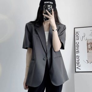 Korean-Style Casual Slimming Gray Oversized Short-Sleeve Blazer for Women - Spring/Summer 2025 Fashion Essential