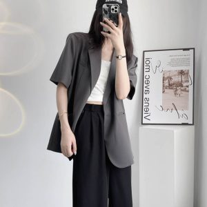 Korean-Style Casual Slimming Gray Oversized Short-Sleeve Blazer for Women - Spring/Summer 2025 Fashion Essential