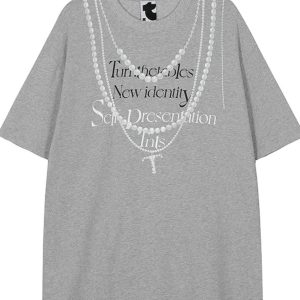 Korean Style Casual Unisex T-Shirt with Slogan Print and Pearl Necklace Design, Loose Fit Pure Cotton for Comfortable Everyday Wear