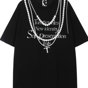 Korean Style Casual Unisex T-Shirt with Slogan Print and Pearl Necklace Design, Loose Fit Pure Cotton for Comfortable Everyday Wear