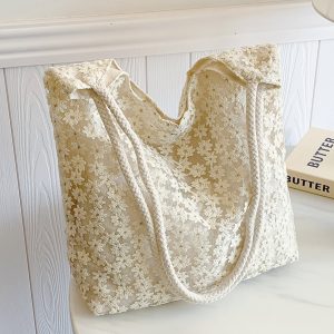 Korean-Style Chic Crochet Mesh Bag for Women, Handmade Woven Hollow Shoulder Tote, Large Summer Beach Bag