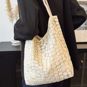 Korean-Style Chic Crochet Mesh Bag for Women, Handmade Woven Hollow Shoulder Tote, Large Summer Beach Bag