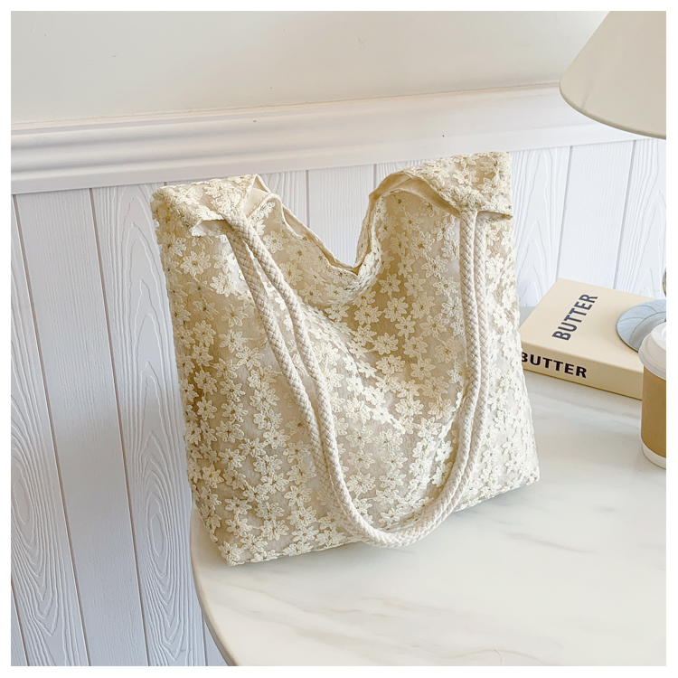 Korean-Style Chic Crochet Mesh Bag for Women, Handmade Woven Hollow Shoulder Tote, Large Summer Beach Bag
