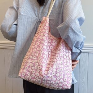 Korean-Style Chic Crochet Mesh Bag for Women, Handmade Woven Hollow Shoulder Tote, Large Summer Beach Bag