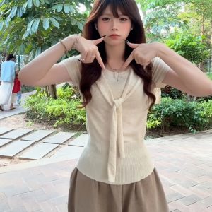 Korean Style College Two-Piece Set for Women - Slim Fit Knitted Top with Shawl & Slimming Skirt - Summer New Arrival