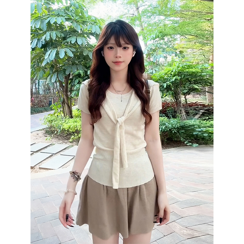 Korean Style College Two-Piece Set for Women - Slim Fit Knitted Top with Shawl & Slimming Skirt - Summer New Arrival