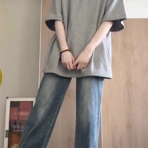 Korean-Style Color-Blocked Patchwork Plaid Polo T-Shirt for Girls - Short Sleeve Summer Top for Middle and High School Students - Gray