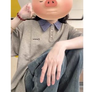 Korean-Style Color-Blocked Patchwork Plaid Polo T-Shirt for Girls - Short Sleeve Summer Top for Middle and High School Students - Gray