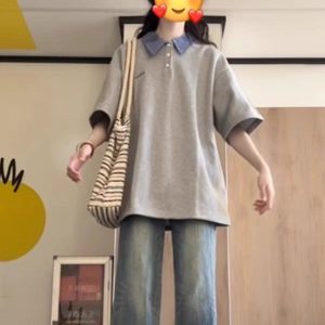 Korean-Style Color-Blocked Patchwork Plaid Polo T-Shirt for Girls - Short Sleeve Summer Top for Middle and High School Students - Gray