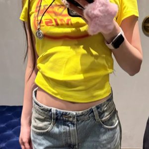 Korean Style Color-Blocking Letter Print Fitted Short-Sleeve Cotton T-Shirt for Women - High-Stretch Slim Fit 25SS